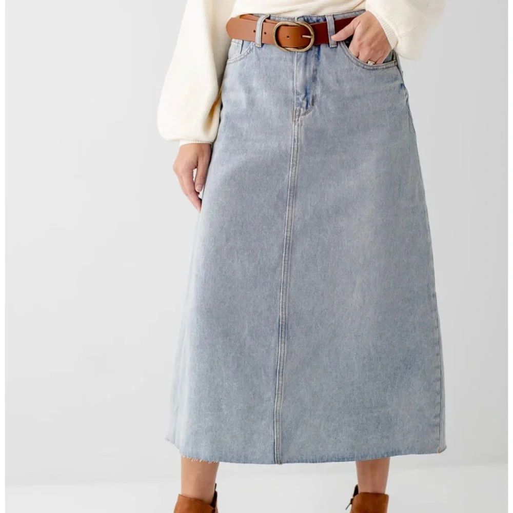 Main Street Exchange “Brooke” A-Line Midi Denim Skirt - Picture 2 of 9